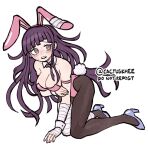  1girl all_fours animal_ears artist_name bandaged_arm bandaged_hand bandaged_leg bandages bare_shoulders blush breasts brown_eyes brown_pantyhose cleavage danganronpa_(series) danganronpa_2:_goodbye_despair detached_collar fake_animal_ears fake_tail highres khee large_breasts leotard long_hair mole mole_under_eye pantyhose pink_footwear pink_leotard purple_hair rabbit_ears rabbit_tail solo sweat tail teeth tsumiki_mikan 