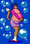  anthro belly big_belly blue_hair blush bottomwear breasts bubble clothing danellz digital_media_(artwork) domestic_cat felid feline felis female footwear green_eyes hair hi_res mammal pregnant shirt shoes shorts solo topwear 