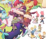  1girl 4boys backpack bag black-framed_eyewear blue_hair blush boots brown_bag chibi clemont_(pokemon) closed_mouth commentary_request flareon glasses grey_eyes holding holding_pokemon hood hood_down hoodie huan_li hugh_(pokemon) jolteon leafeon long_sleeves multicolored_hair multiple_boys multiple_views pantyhose penny_(pokemon) pokemon pokemon_(creature) pokemon_(game) pokemon_bw2 pokemon_dppt pokemon_sm pokemon_sv pokemon_xy prehensile_ribbon red_hair round_eyewear see-through see-through_skirt short_hair skirt sophocles_(pokemon) sylveon two-tone_hair umbreon vaporeon volkner_(pokemon) 