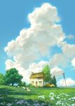  blue_sky bush car chimney cloud cloudy_sky commentary day door english_commentary fence field flower grass hill house motor_vehicle no_humans original outdoors power_lines reengirl scenery sheep sky tree utility_pole white_flower window wooden_fence yellow_flower 