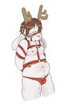  2023 anthro antlers bdsm bell bell_harness belly_tuft blush bondage bound brown_hair bulge chest_tuft christmas clothing colored_sketch eyebrow_through_hair eyebrows eyelashes fakeanimalperson floppy_ears fur hair hands_behind_back harness hi_res holidays horn jackalope jingle_bell jingle_bell_harness lagomorph lop_ears male mammal moobs navel nipples open_mouth pink_nipples red_clothing red_underwear restraints rope rope_bondage rope_harness simple_background sketch slightly_chubby slightly_chubby_male snout solo translucent translucent_hair tuft underwear white_background white_body white_fur 