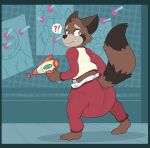  absurd_res anthro caught_off_guard clothed clothing cuddlehooves diaper diaper_fetish diaper_under_clothing embarrassed guardians_of_the_galaxy hasbro hi_res male mammal marvel marvel_cinematic_universe nerf_(toy) nerf_blaster pajamas procyonid raccoon ranged_weapon raygun rocket_raccoon solo toy toy_gun weapon wearing_diaper 