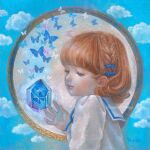  1girl blue_bow blue_butterfly blue_eyes blue_gemstone blue_sky blunt_bangs bow braid bug butterfly child cloud commentary_request gem hair_bow highres looking_at_object oil_painting_(medium) orange_hair original painting_(medium) portrait ringodrawing sailor_collar shirt short_hair sky smile solo traditional_media white_sailor_collar white_shirt 