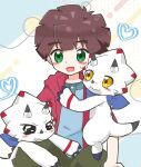  &lt;3 anthro bandai_namco black_sclera blush brown_hair claws digimon digimon_(species) digimon_ghost_game embrace gammamon green_eyes group hair hiro_amanokawa horn hug human juglans_b612 male mammal scalie trio white_body yellow_eyes 