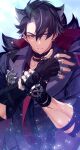  1boy absurdres animal_ears black_gloves black_hair coat earrings fingerless_gloves fur_trim genshin_impact gloves hair_between_eyes hand_on_own_wrist highres jewelry looking_at_viewer male_focus multicolored_hair necktie onimoti parted_lips red_necktie scar scar_on_arm short_hair simple_background slit_pupils solo streaked_hair upper_body v-shaped_eyebrows wriothesley_(genshin_impact) 