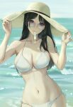  1girl absurdres bikini black_hair blue_eyes breasts collarbone food_in_mouth hands_on_headwear hat highres large_breasts long_hair navel ocean original popsicle_in_mouth popsicle_stick side-tie_bikini_bottom skindentation solo stomach straight_hair sun_hat sunglasses swimsuit tooku0 white_bikini 