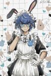  1boy alternate_costume animal_ears apron artist_name black_dress blue-tinted_eyewear blue_eyes blue_hair bow bowtie carrot closed_mouth collared_dress commentary_request crossdressing dress enmaided facial_hair fake_animal_ears frilled_gloves frills glasses gloves hand_on_own_hip hand_up hashi_(84_rainco) heart highres looking_at_viewer maid maid_apron maid_headdress male_focus male_maid master_detective_archives:_rain_code name_tag puffy_sleeves rabbit rabbit_ears round_eyewear scratching_head short_hair solo stubble tinted_eyewear white_apron white_bow white_bowtie white_gloves yakou_furio 