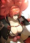  86willem absurdres baiken big_hair black_jacket black_kimono breasts eyepatch facial_tattoo guilty_gear guilty_gear_strive highres jacket jacket_on_shoulders japanese_clothes kimono large_breasts looking_at_viewer multicolored_clothes multicolored_kimono one-eyed open_clothes open_kimono ponytail red_eyes red_hair samurai scar scar_across_eye tattoo white_kimono 