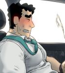  1boy alternate_muscle_size bara black_hair blush collared_shirt crayon_shin-chan cum ear_blush from_side furrowed_brow highres huge_eyebrows large_pectorals male_focus male_masturbation masturbation mature_male muscular muscular_male necktie nohara_hiroshi out-of-frame_censoring paid_reward_available pectorals profile projectile_cum salaryman shirt solo sweat torogao unspoken_(firebreath110) upper_body white_shirt 