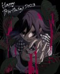  1boy 2023 black_eyes black_hair blood checkered_clothes checkered_scarf danganronpa_(series) danganronpa_v3:_killing_harmony dated hair_between_eyes happy_birthday koya-san long_sleeves male_focus medium_hair oma_kokichi parted_lips pink_blood plant scarf solo teeth two-tone_background upper_body 