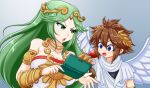  1boy 1girl angel_wings armlet bare_shoulders blue_eyes bracer breasts brown_hair chiton circlet cleavage collarbone dress forehead_jewel gold_choker green_eyes green_hair handheld_game_console highres holding holding_handheld_game_console jewelry kid_icarus kid_icarus_uprising laurel_crown long_hair meulahke neck_ring nintendo_3ds palutena parted_bangs pendant pit_(kid_icarus) strapless strapless_dress v-shaped_eyebrows vambraces very_long_hair white_dress wings 