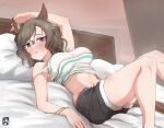  1girl absurdres animal_ears arm_up bed bed_frame black_shorts blush breasts brown_eyes brown_hair commentary_request cropped_shirt ear_ornament feet_out_of_frame highres horse_ears horse_girl horse_tail large_breasts libella_cowdery looking_at_viewer midriff navel on_bed open_fly open_mouth pillow shirt short_hair shorts solo strap_slip striped striped_shirt tail tap_dance_city_(umamusume) umamusume 