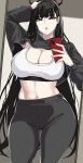  1girl black_hair blue_archive breasts cellphone cleavage eyeliner hair_ornament hairclip halo hella_p highres hime_cut large_breasts long_hair makeup navel pants parted_lips phone red_eyes rio_(blue_archive) smartphone solo sports_bra very_long_hair yoga_pants 