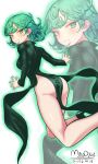  1girl absurdres ass aura black_dress closed_mouth curly_hair dress flipped_hair floating floating_clothes green_eyes green_hair high_heels highres levitation looking_at_viewer looking_back maydaykiki medium_hair one-punch_man side_slit solo tatsumaki 
