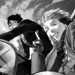  2boys cloud crossed_fingers driving earrings floating_hair gloves goggles greyscale hand_up highres jacket jewelry light_particles long_sleeves meryl_stryfe mole mole_under_eye monochrome motor_vehicle multicolored_hair multiple_boys no_eyewear partially_fingerless_gloves sky smile trigun trigunzf two-tone_hair vash_the_stampede wind 