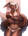  amur anthro arm_over_breasts bra breasts brown_body brown_fur clothing domestic_cat ear_tuft felid feline felis female fluffy fluffy_tail freckles front_view fur hi_res inner_ear_fluff lingerie mammal panties saoirse_(allen_fuller) simple_background smile solo standing tail tuft underwear 
