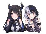  2girls absurdres arm_strap arm_warmers asymmetrical_horns bare_shoulders belt black_belt black_bow black_bowtie black_choker black_dress black_flower black_gloves black_hair black_horns blue_hair blush bow bowtie breasts chest_belt choker cleavage closed_mouth clothing_cutout colored_inner_hair commentary cropped_torso demon_horns dress english_commentary flower flower_knot gloves grey_hair hair_ornament hand_on_own_cheek hand_on_own_face head_rest head_tilt highres hololive hololive_english horn_flower horns kato_yuurina lace lace_choker large_breasts long_hair long_sleeves looking_at_viewer mole mole_under_eye multicolored_hair multiple_girls nerissa_ravencroft red_eyes ribbed_shirt shiori_novella shirt shoulder_cutout side-by-side signature simple_background sleeveless sleeveless_dress smile split-color_hair split_mouth straight_hair striped_arm_warmers swept_bangs tassel tassel_hair_ornament two-tone_hair uneven_horns virtual_youtuber white_background white_shirt yellow_eyes 