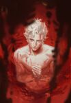  1boy astarion baldur&#039;s_gate baldur&#039;s_gate_3 bath bath_of_blood blood blood_in_hair blood_on_face blurry blurry_foreground bright_pupils chinese_commentary collarbone commentary_request curly_hair dated dungeons_and_dragons elf expressionless fist_in_hand from_above hands_up highres looking_at_viewer looking_up male_focus nude own_hands_together partially_submerged pointy_ears pool_of_blood realistic red_eyes red_theme short_hair signature solo upper_body white_hair yoku_(liuyc) 