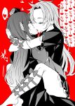  2girls arms_around_neck blood closed_eyes dress french_kiss hair_between_eyes hat heart highres himemushi_momoyo iizunamaru_megumu jewelry kiss leg_lock long_hair long_sleeves meimei_(meimei89008309) monochrome multiple_girls pointy_ears ribbon ring short_hair short_sleeves spoken_heart tokin_hat touhou translation_request yuri 