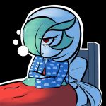  2023 annoyed_expression bed chibi clothing female furniture gardevoir generation_3_pokemon green_hair hair hair_over_eye hi_res humanoid long_hair multicolored_hair nintendo not_furry one_eye_obstructed pajamas pokemon pokemon_(species) red_eyes renv solo sticker_pack tired twintails_(hairstyle) two_tone_hair waking_up white_hair 