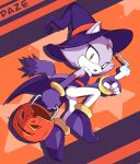  1girl absurdres animal_ears blaze_the_cat cat_ears cat_girl cat_tail eyelashes fire furry furry_female halloween_bucket halloween_costume hat highres looking_at_viewer open_mouth pants purple_footwear purple_fur sonic_(series) tail white_pants witch_hat xdaze yellow_eyes 