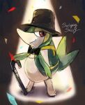  black_bow black_bowtie black_headwear bow bowtie brown_eyes cane hat holding holding_cane no_humans pokemon pokemon_(creature) smile snivy standing 