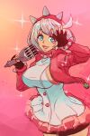  1girl absurdres blue_eyes breasts collar dress elphelt_valentine guilty_gear guilty_gear_strive hairband highres holding looking_at_viewer microphone pink_sweater sparkle_background spiked_collar spiked_hairband spikes sweater taobaka white_dress white_hair 