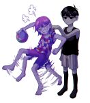  2boys ball barefoot black_eyes black_hair black_socks clenched_teeth closed_mouth collarbone expressionless highres holding holding_ball k_toast kel_(headspace)_(omori) kel_(omori) multiple_boys omori omori_(omori) parted_lips purple_hair short_hair shorts simple_background socks teeth white_background 