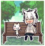  1girl 1other :d animal_ear_piercing animal_ears bench beret black_headwear black_pantyhose black_ribbon boots bow bowtie braid cat chibi closed_eyes commentary_request doko_demo_issho double-parted_bangs fox_ears fox_girl fox_tail frilled_skirt frills green_skirt grey_shirt hair_between_eyes hair_ribbon hat highres hololive inoue_toro long_hair long_sleeves low_ponytail mayuko_(mayumaaaaaro) official_alternate_costume official_alternate_hairstyle open_mouth outdoors pantyhose park park_bench pentagram ribbon shirakami_fubuki shirakami_fubuki_(3rd_costume) shirt side_braid sitting sitting_on_bench skirt smile tail virtual_youtuber white_bow white_bowtie white_hair wide_sleeves 