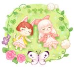  2girls animal_crossing blush brown_hair bug butterfly cardigan cardigan_vest cat_girl closed_eyes closed_mouth commentary_request dress felicity_(animal_crossing) flower furry furry_female grass hair_ribbon long_hair long_sleeves lying moai_(aoh) multiple_girls on_back on_grass open_cardigan open_clothes pink_cardigan pink_flower pink_ribbon pink_rose plant purple_flower ribbon rose short_hair sleeveless sleeveless_dress smile u_u villager_(animal_crossing) vines white_butterfly white_dress white_flower white_hair yellow_cardigan 