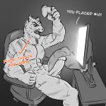  abs absurd_res angry anthro chair controller dialogue epic_games erection felid fortnite furniture game_controller gaming genitals hi_res humanoid male mammal muscular muscular_male nude on_chair oscar_(fortnite) pantherine pecs penis shybird sitting sitting_on_chair solo speech_bubble stripes tiger yelling 