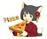 1girl animal_ear_fluff animal_ears cheese_trail commentary_request eating flower food food_name fox_tail grey_hair grey_tail hair_flower hair_ornament hands_up holding holding_food holding_pizza japanese_clothes kimono light_blush light_smile maniani original pink_flower pizza pizza_slice purple_eyes red_flower red_kimono sash shino_(maniani) short_hair simple_background solo tail tassel white_background wide_sleeves yellow_sash 