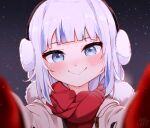  1girl blue_eyes blue_hair blunt_bangs blush earmuffs fur-trimmed_scarf fur_trim gawr_gura gloves grey_jacket highres hololive hololive_english jacket looking_at_viewer ma_draws medium_hair multicolored_hair red_gloves red_scarf scarf sidelocks smile snow solo streaked_hair virtual_youtuber white_hair 