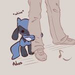  2023 advos anthro bottomwear clothed clothing dot_eyes duo english_text footwear generation_4_pokemon grey_background hiding human male mammal musical_note nintendo pants pokemon pokemon_(species) riolu shadow shoes shy simple_background size_difference standing text whining 