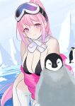  1girl absurdres bikini bird black_bikini blue_archive breasts cleavage closed_mouth commentary double-parted_bangs eimi_(blue_archive) eimi_(swimsuit)_(blue_archive) goggles goggles_on_head hair_between_eyes highres large_breasts looking_at_viewer official_alternate_costume official_alternate_hairstyle penguin pink_eyes pink_hair ponytail scarf ski_goggles skindentation smile snow solo swimsuit tnr_(horiko1525) white_scarf 