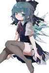  1girl blue_bow blue_dress blue_eyes blue_hair bow cirno collared_shirt dress foot_out_of_frame grey_thighhighs hair_bow highres ice ice_wings knees_together_feet_apart looking_at_viewer medium_hair neck_ribbon no_shoes pinafore_dress pointy_ears red_ribbon reddizen ribbon shirt short_sleeves simple_background sleeveless sleeveless_dress solo thighhighs touhou white_background white_shirt wings 