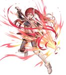  1girl arm_shield attack black_leggings breasts fire_emblem fire_emblem_awakening fire_emblem_heroes highres holding holding_sword holding_weapon leggings long_hair medium_breasts non-web_source official_art open_mouth red_eyes red_hair severa_(fire_emblem) sheath solo sword teeth twintails upper_teeth_only weapon 
