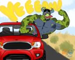  abs anthro armpit_hair biceps body_hair bovid bovine cattle driving fur green_body green_fur hanging_out male mammal muscular nipples nude pecs reed_bull road solo truck_(vehicle) vehicle yamatopawa 