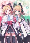  2girls :3 :o animal_ear_headphones animal_ears black_skirt black_thighhighs blonde_hair blue_archive blue_necktie blush bow cat_ear_headphones cat_tail coat collared_shirt commentary fake_animal_ears fake_tail frilled_skirt frills green_bow green_eyes green_halo hair_bow halo hand_up headphones high_speed_gensou_chuun highres long_sleeves looking_at_viewer low-tied_sidelocks midori_(blue_archive) momoi_(blue_archive) multiple_girls necktie off_shoulder open_clothes open_coat open_mouth pink_eyes pink_halo pleated_skirt red_bow shirt shirt_tucked_in short_hair siblings sisters skirt sleeves_past_fingers sleeves_past_wrists smile suspenders symbol-only_commentary tail thighhighs twins v-shaped_eyebrows white_coat white_shirt wide_sleeves wing_collar zoom_layer 