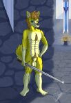  2023 5_fingers 5_toes abs animal_genitalia anthro arm_tuft armpit_hair balls banner black_nose blue_eyes body_hair brazier canid canine canis chest_hair claws collarbone countershade_tail countershade_torso countershading dialogue_in_description eyebrows facial_markings feet fingers fire fox fur genitals glint gloves_(marking) hair hand_on_hip head_markings hi_res holding_object holding_sword holding_weapon hybrid inside leg_markings leg_tuft light light_beam looking_at_viewer male mammal markings melee_weapon muscular muscular_anthro muscular_male muzzle_(marking) navel nipples nude orange_eyebrows orange_hair orange_pubes pecs penis penis_tip pink_nipples pink_penis_tip plantigrade pubes raised_eyebrow reiver93 reiver_valentine serratus shadow sheath shoulder_scar shoulder_tuft signature snout snout_markings socks_(marking) solo standing stone_floor stone_wall sunbeam sunlight sword tail tan_balls tan_body tan_fur tan_inner_ear tan_sheath toes tuft wall_(structure) weapon whisker_spots white_claws window wolf yellow_body yellow_fur 