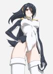  1girl black_hair black_jacket breasts brown_eyes commentary covered_nipples drawstring emperor_penguin_(kemono_friends) grey_background hair_over_one_eye hand_on_own_hip headphones highleg highleg_leotard highres impossible_clothes impossible_leotard jacket kemono_friends large_breasts leotard long_hair looking_at_viewer multicolored_hair open_clothes open_jacket orange_hair simple_background smile solo streaked_hair tail tanabe_(fueisei) thighhighs two-tone_hair white_leotard white_thighhighs 