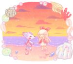  2girls :d ^_^ animal_crossing beach blunt_bangs blush cardigan closed_eyes closed_mouth cloud commentary_request conch coral deer_girl diana_(animal_crossing) dress dusk eyelashes furry furry_female gem hair_ribbon horizon long_hair long_sleeves moai_(aoh) multiple_girls ocean open_cardigan open_clothes open_mouth orange_sky outdoors pearl_(gemstone) pink_cardigan pink_dress pink_ribbon ribbon sand sand_dollar scallop seashell shell sky sleeveless sleeveless_dress smile standing twilight villager_(animal_crossing) walking water white_dress white_hair 