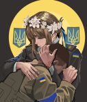  1boy 1girl brown_hair crying flower_wreath hair_ribbon highres hug military military_uniform original ribbon russo-ukrainian_war short_hair soldier ukraine ukrainian_flag uniform very_short_hair wani_(perfect_han) 