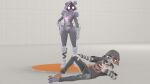  3d_(artwork) anonymous_artist anthro bear calico_cat clothed clothing digital_media_(artwork) domestic_cat duo epic_games eye_scar facial_scar felid feline felis female female/female fortnite hand_on_hip hand_on_knee hand_on_leg hi_res looking_at_object looking_at_phone lying mammal meow_skulls_(fortnite) on_side raven_team_leader scar simple_background source_filmmaker 
