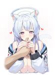  1girl 1other absurdres animal_ear_fluff animal_ears blue_archive blush breasts cat_ears cat_tail cleavage closed_mouth finger_sucking grey_hair halo heart heart-shaped_pupils highres jacket large_breasts long_hair long_sleeves mechanical_halo naseul_777 noa_(blue_archive) purple_eyes symbol-shaped_pupils tail two-sided_fabric two-sided_jacket upper_body white_jacket 