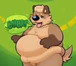  3_fingers anthro beady_eyes belly belly_overhang big_belly black_nose brown_body brown_fur burp_cloud burping canid canine cheek_tuft chest_tuft countershade_face countershade_fur countershade_tail countershade_torso countershading deep_navel eyebrows facial_tuft featureless_crotch fingers fur graham_(gramgastronomy) gramgastronomy green_background hair hi_res male mammal moobs navel nude obese obese_anthro obese_male one_eye_closed open_mouth overweight overweight_anthro overweight_male simple_background snout solo standing tail tan_body tan_countershading tan_fur tan_hair three-quarter_view tongue tongue_out tuft uvula 