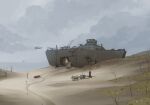  2023 aircraft airplane cloud cross digital_media_(artwork) discreet_user grass grey_sky hi_res hill landscape naval_artillery not_furry outside path plant seaside settlement ship shipping_container shipwreck smoke tents tree vehicle water watercraft wooden_post zero_pictured 