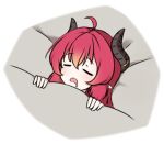  1girl =_= ahoge blanket blue_archive closed_eyes drooling horns hr.r junko_(blue_archive) mouth_drool open_mouth pointy_ears red_hair sidelocks sleeping solo under_covers 