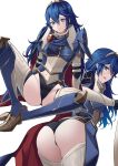  1girl ameno_(a_meno0) armor ass bent_over blue_eyes blue_hair breastplate cape fire_emblem fire_emblem_awakening fire_emblem_heroes hair_ornament highres long_hair looking_at_viewer looking_back lucina_(fate&#039;s_resolve)_(fire_emblem) lucina_(fire_emblem) multiple_views open_mouth shoulder_armor simple_background smile spread_legs sweatdrop symbol-shaped_pupils thighs tiara very_long_hair white_background 