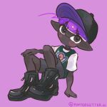  1boy absurdres baseball_cap black_eyes black_footwear black_headwear blush commentary dark-skinned_male dark_skin hat highres inkling inkling_boy payayo884 pink_background pointy_ears purple_hair shoes short_hair simple_background solo splatoon_(series) symbol-only_commentary 